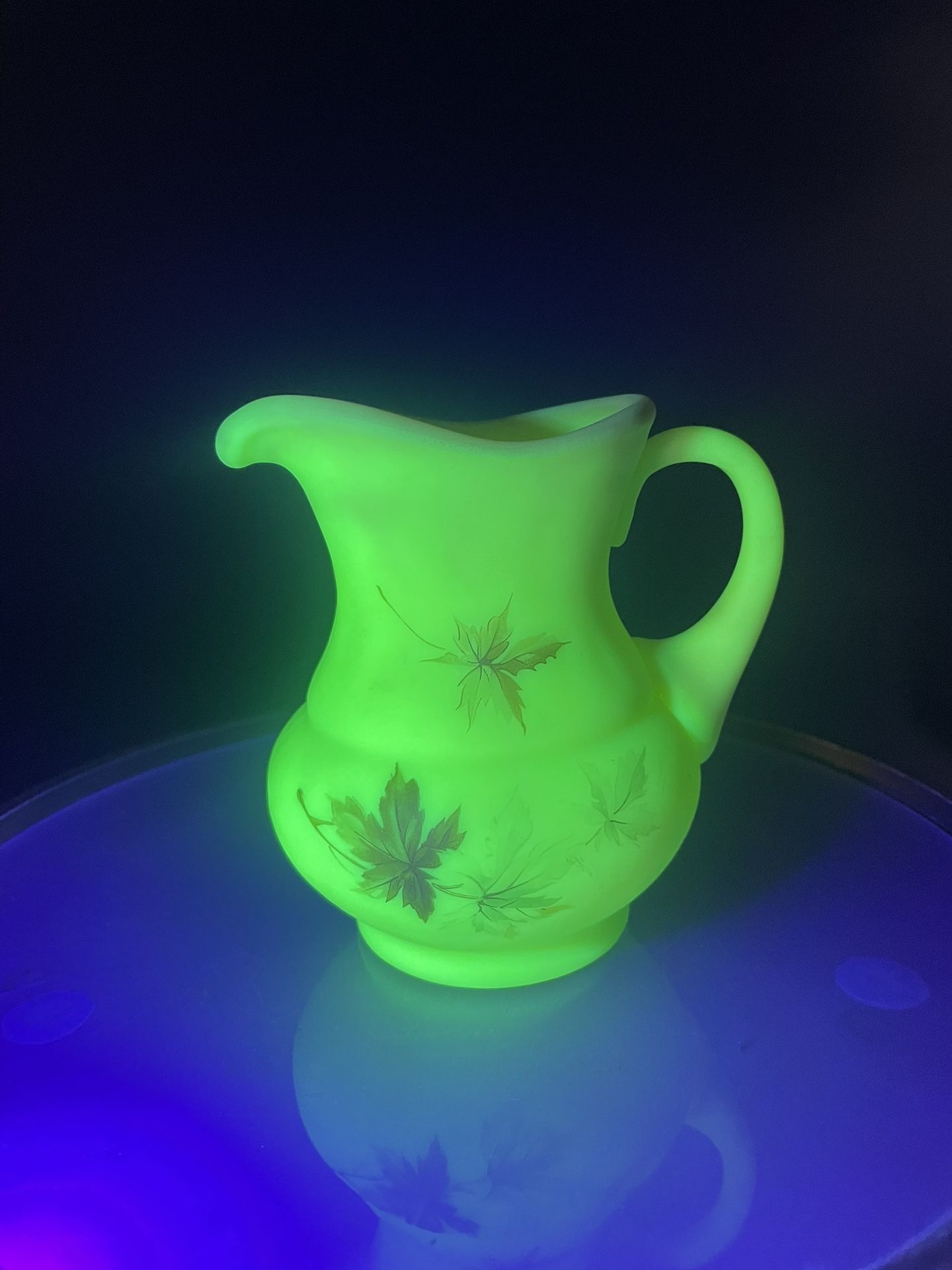 Vintage Fenton Glass Satin Uranium Burmese Autumn Leaf Hand Painted Vase 4.5” VG