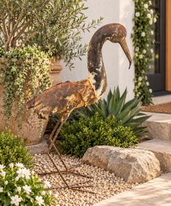 Vintage Weathered Metal Heron Statue Sculpture Garden Aged Lightweight Rustic Yard Art Rusty Bird Garden Statue