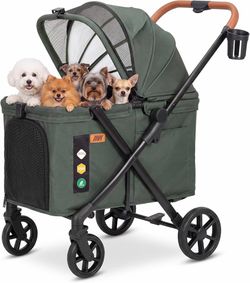 Pet Stroller for Medium and Large Dogs, 77 lb Capacity, Foldable Extra-large cabin with dual entry, full suspension and reinforced frame support