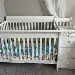 White Toddler Twin Size Bed w Rail & Height Adjustment & Three Drawers Combo Bedding Set & Mattress