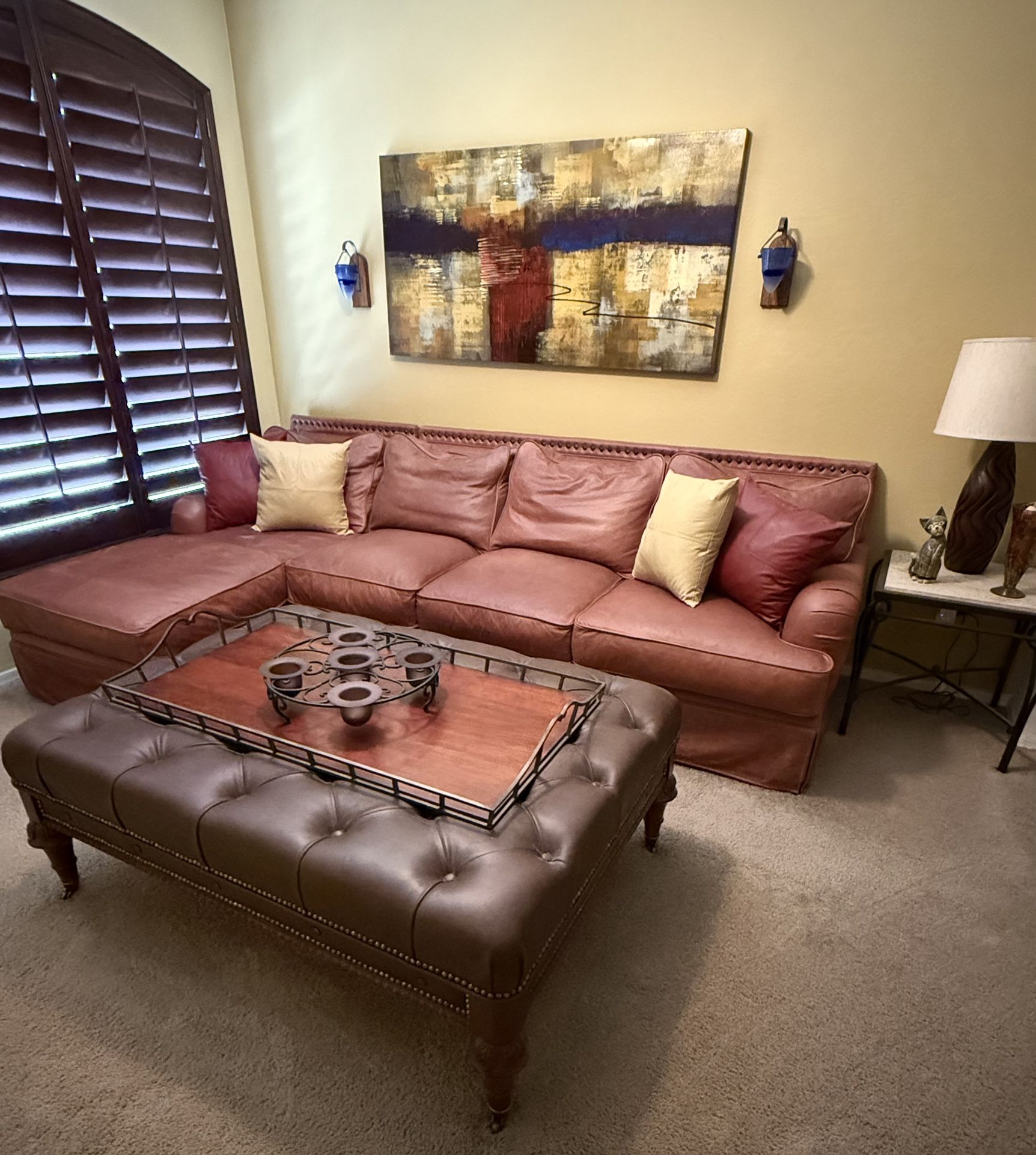 Imported Italian Leather Sectional, large Leather Ottoman With Tray On Top