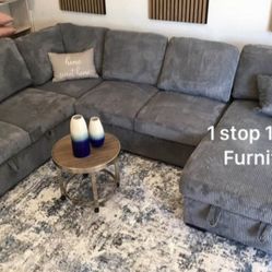 XL Sectional Sofa With Pull-out Bed & Storage Dark Gray Corduroy 