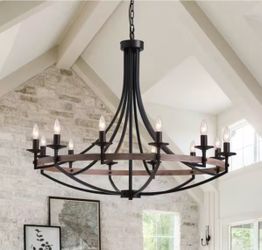 WDETR 12-Light 41 in. Wagon Wheel Chandelier, Black and Walnut