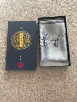 Chinese Embroidered Silk Scarf in Presentation Box, Silver, River Scene