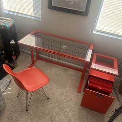 Desk glass top orange matching cabinet and chair