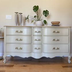 Vintage 9 Drawer Lowboy | French Provincial Dresser | Taupe | Original Brass Hardware