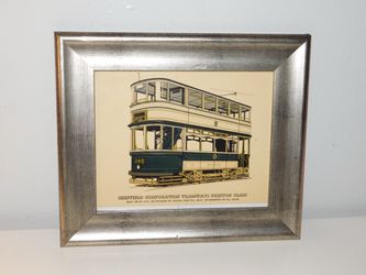 Vintage Framed Sheffield Corporation Tramways Print 1970s Preston Class No. 342 Double Deck Streetcar Prescott-Pickup Co. Art
