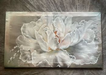 Large White Floral Silk Painting Signed 2016 Hand Painted Flower Wall Art 38x22