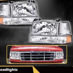 Fit For 92-96 Ford F150 F250 F350 Bronco Headlights w/Corner Signal Bumper Lamps