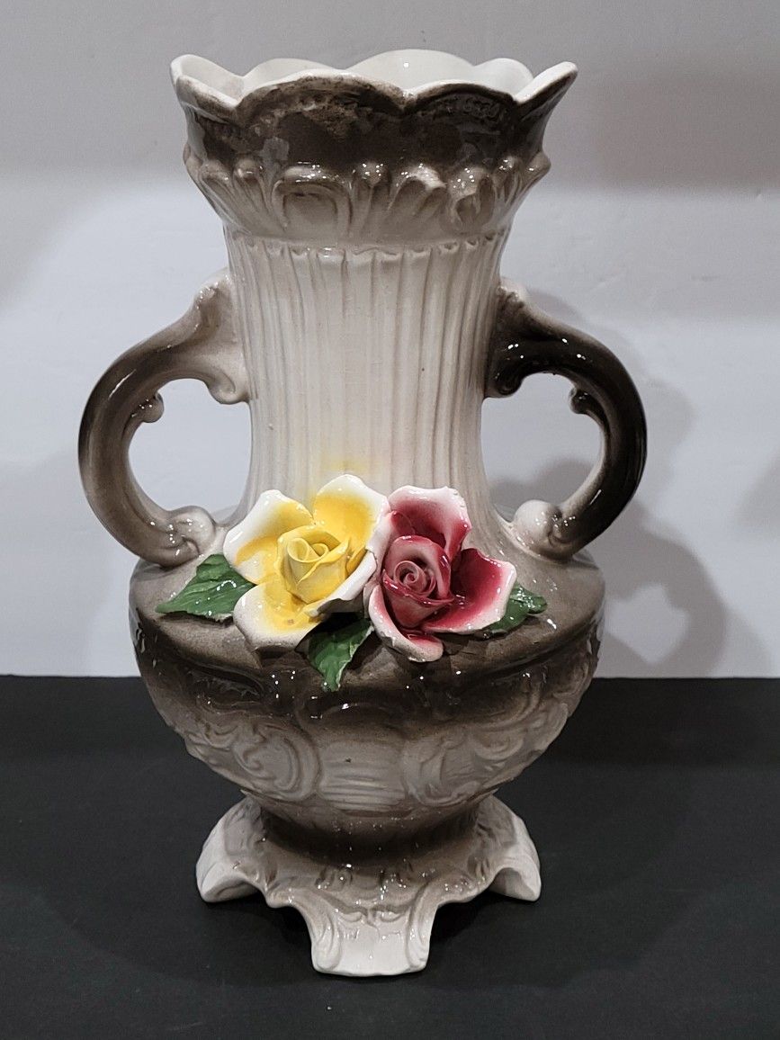 Vintage 12" Tall Capodimonte Beautiful Double Handle Vase - Made In Italy