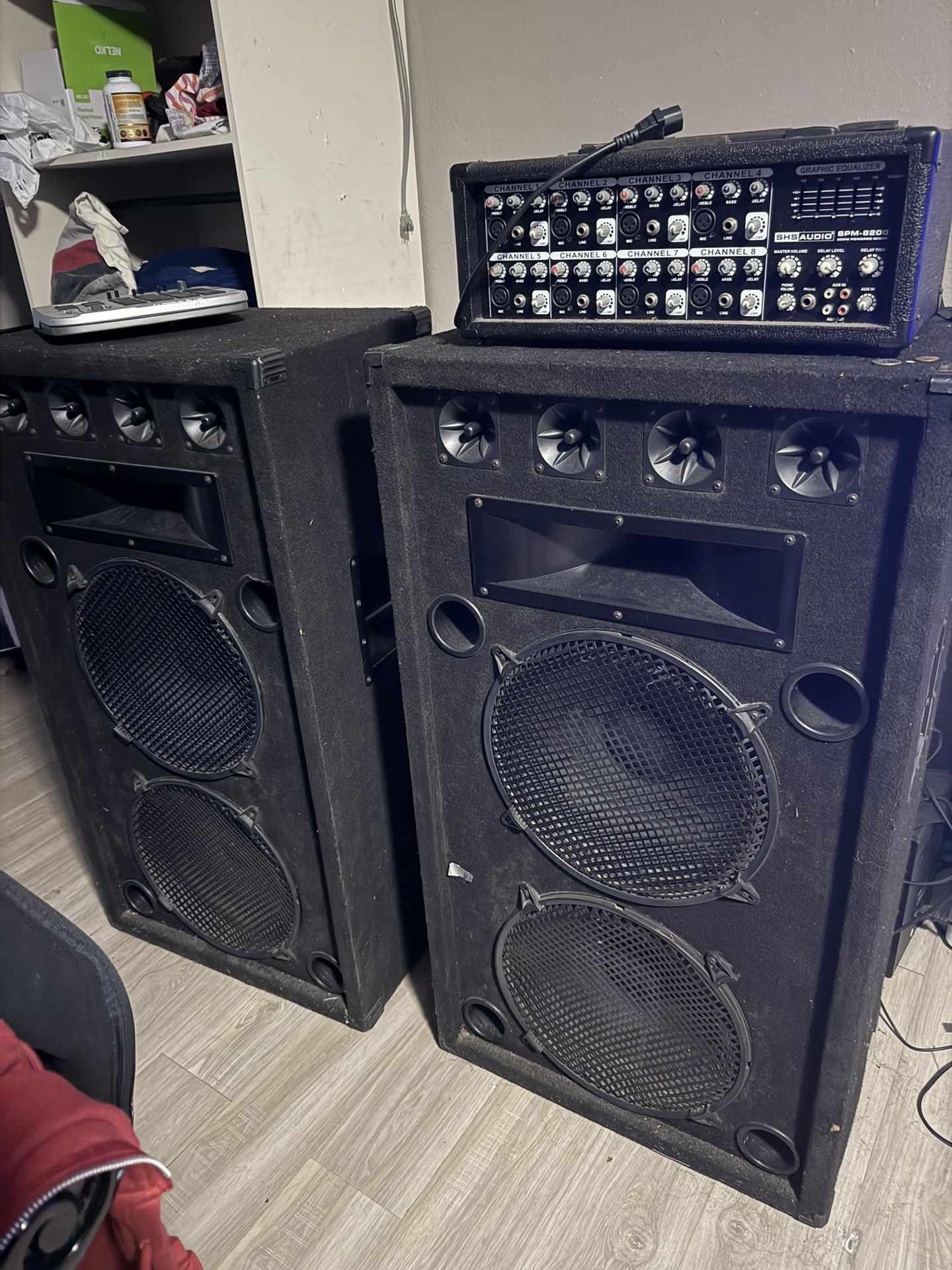 2 Double 15in Speakers (w/Pad, DJ Turntables, and Mixers)