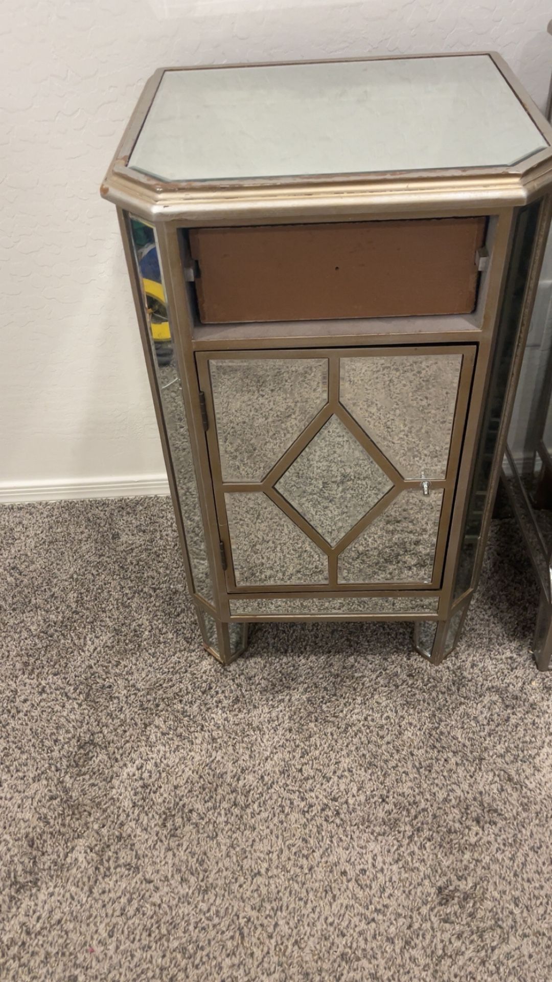 Mirror Glass Side Nightstand With Cabinet
