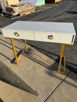 White desk vanity with gold metal legs
