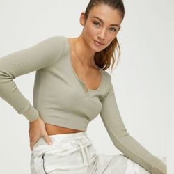 Aritzia Tna Tan Waffle Knit Ribbed Fitted Long Sleeve Crop Bodysuit-2XS Like New 