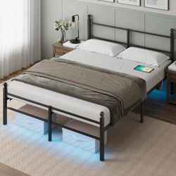 New Full Size Metal Bed Frame with Headboard, LED Lights, Charging Station