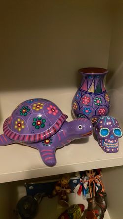 Mexican pottery turtle jewelry box vase and sugar skull