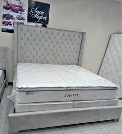 New 72” Queen & KingSize Tall King Size Silver Grey Bed Frame With Diamonds On Headboard