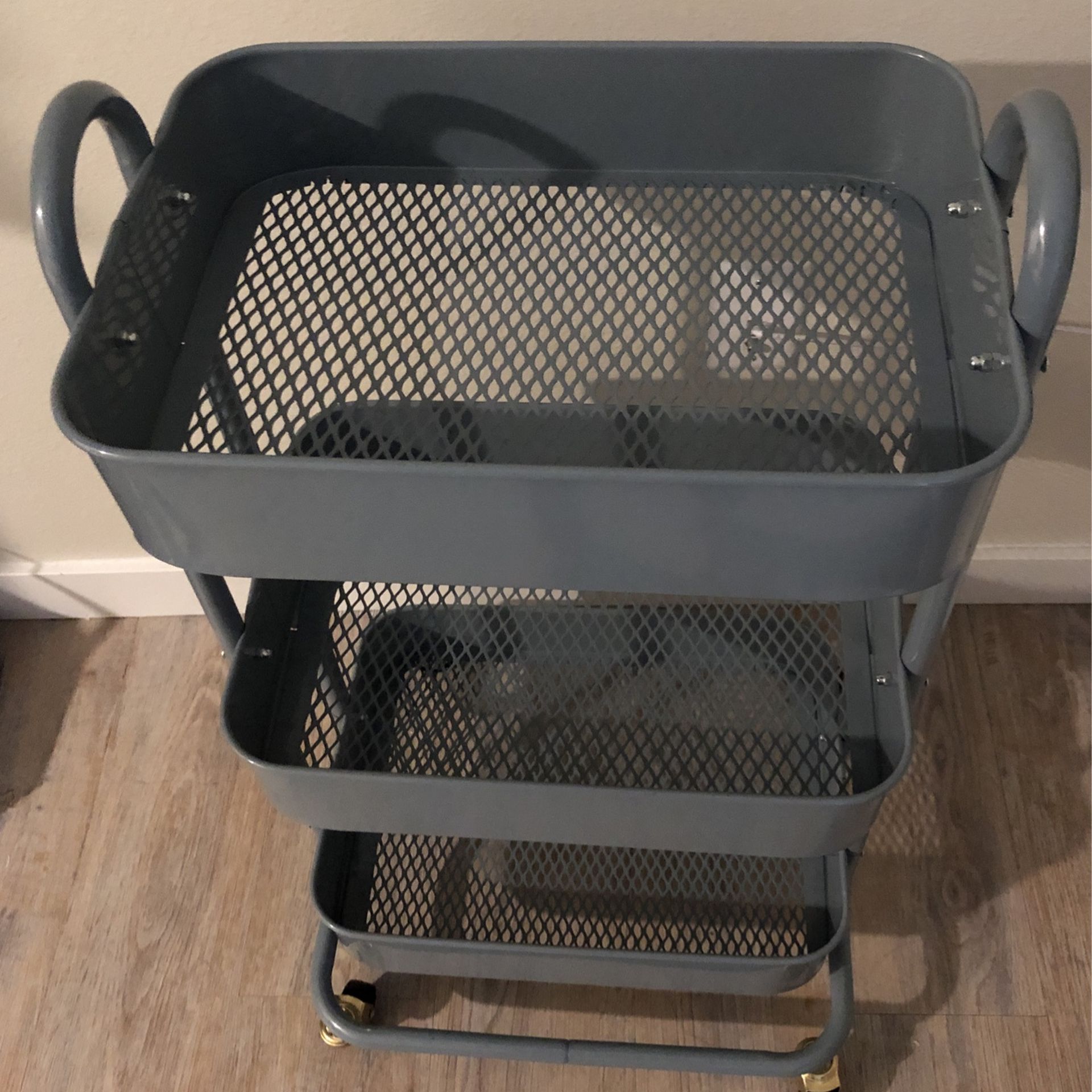 Blue 3-tiered utility cart, medium sized with wheels