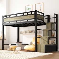 Twin Size Metal Loft Bed with Storage Stairs & Drawers,Space-Saving Heavy-Duty Bed Frame for Dorms, No Box Spring Needed, Easy Assembly, Black 