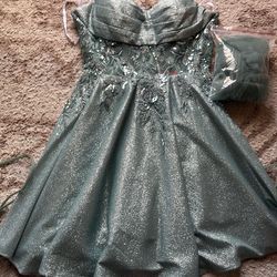 Teal Sparkly Clear Corset V-Neck Hoco/Semiformal dress