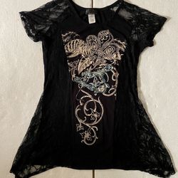 SEXY BIKER CHICK BRAND WOMENS SEQUINS AND LACE DETAILING TOP SIZE LARGE