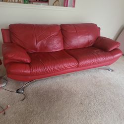 Red Leather Retro Couch With Chrome