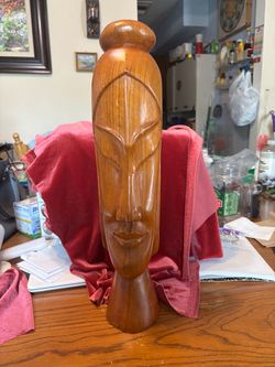 Hand-Carved Wooden  Head Sculpture
