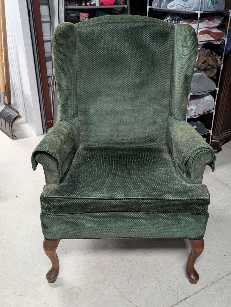 Antique High-back Wing Chair Green With Matching Foot Stool