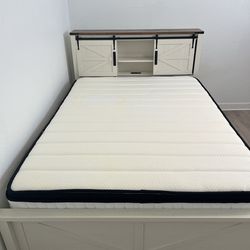 Farmhouse Full Size Bed Frame w/Storage Bookcase Headboard and Mattress