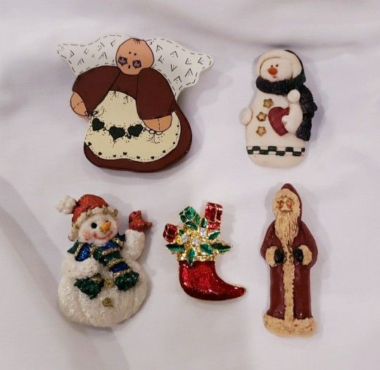 Vtg (5) Holiday/Christmas Brooches: Santa, 2 Snowmen, Stocking, & Angel