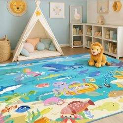 5x7 Ocean Rug for Kids Room – Large Area Rug with Beach Wave Whale & Mermaid, Washable Non Slip Learning Carpet for Toddlers, Bedroom or Playroom Déco