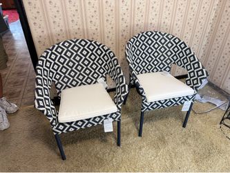 2 New Pottery Barn all weather wicker chairs navy/ white