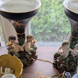 Antique lamp cherub porcelain mermaid pair