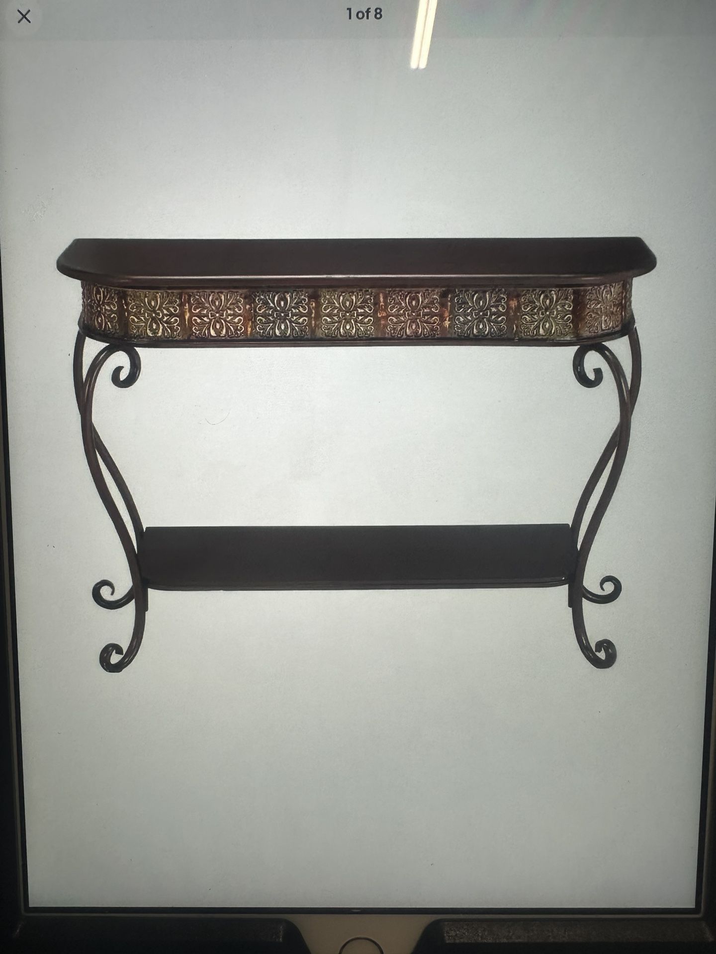 Deco 79 Metal Floral Embossed 1 Shelf Console Table with Ornate Scroll Legs, 43" x 14" x 32", Brown@V9
