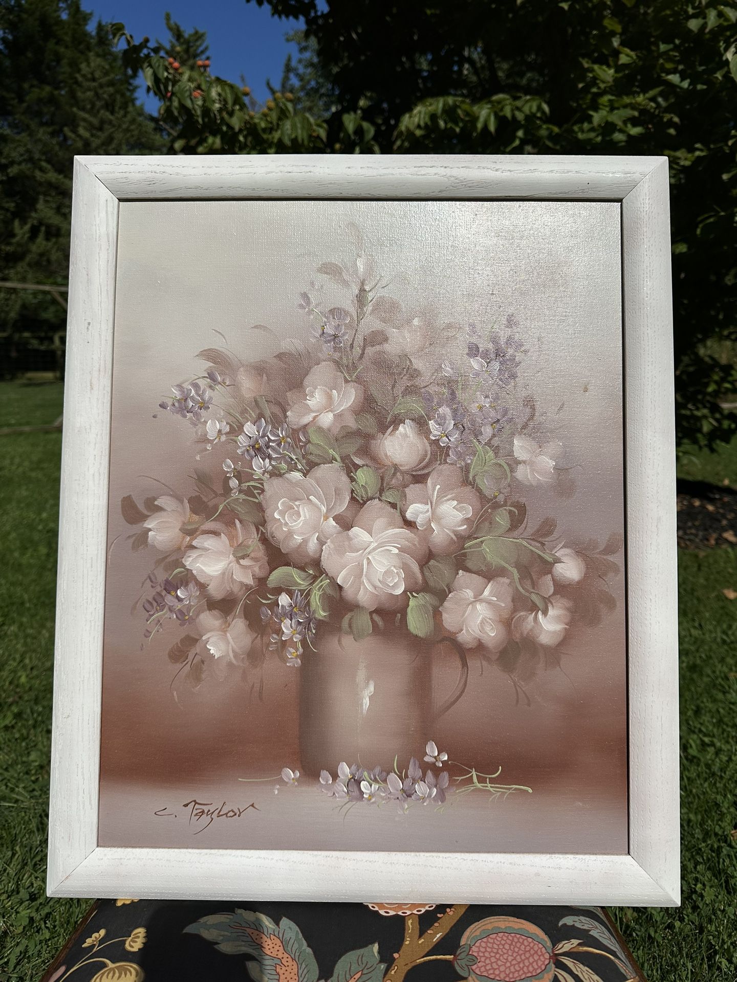 Large Vintage Original Oil Painting of Still Life Flowers by C. Taylor