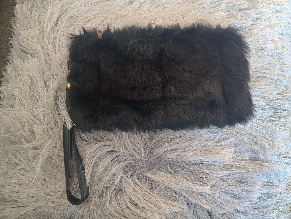 Luxurious Black Furry Wristlet Clutch