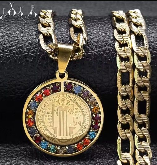 Colorful Crystal Saint Benedict Medal Pendant Necklace Stainless Steel w Rhinestone Crystal Chain Included [PEN252]