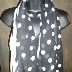 Double sided scarf black with white polka dots & black, blue & white striped other side 75"
