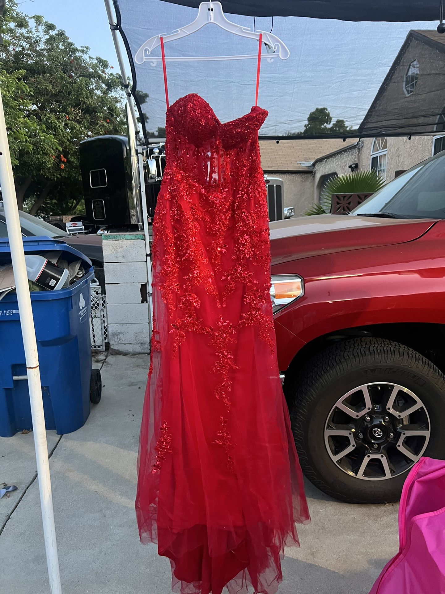 Red Strapless Prom Dress