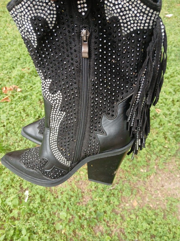Western Boots For Women Size 38 Black ,rhinestones And Tassles Mid Calf