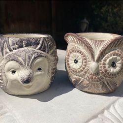 Set of 2 Cute Happy Owl and Hedgehog Small Plant Pot Succulent Heavy Cement Planters