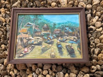 Original mid-century southeast Asian floating market, framed painting original