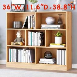 🥨Open Shelf Low Bookcase - Wooden 3-Tier Floor Standing Display Cabinet Organizer with Base, 7 Cubes Short Horizontal Bookshelf,  Pear Yellow