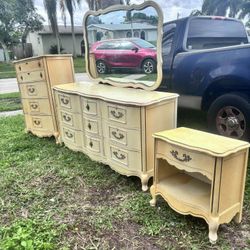 Vintage French Provincial Bedroom Set Dresser With Mirror Upright Chest Nightstand 61”Lx20”Wx33”H Dresser 24”Lx15”Wx24”H Nightstand  34.5”Lx18”Wx47”H 