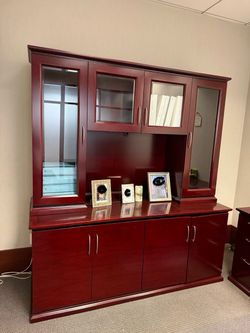 Red wood executive credenza with hutch