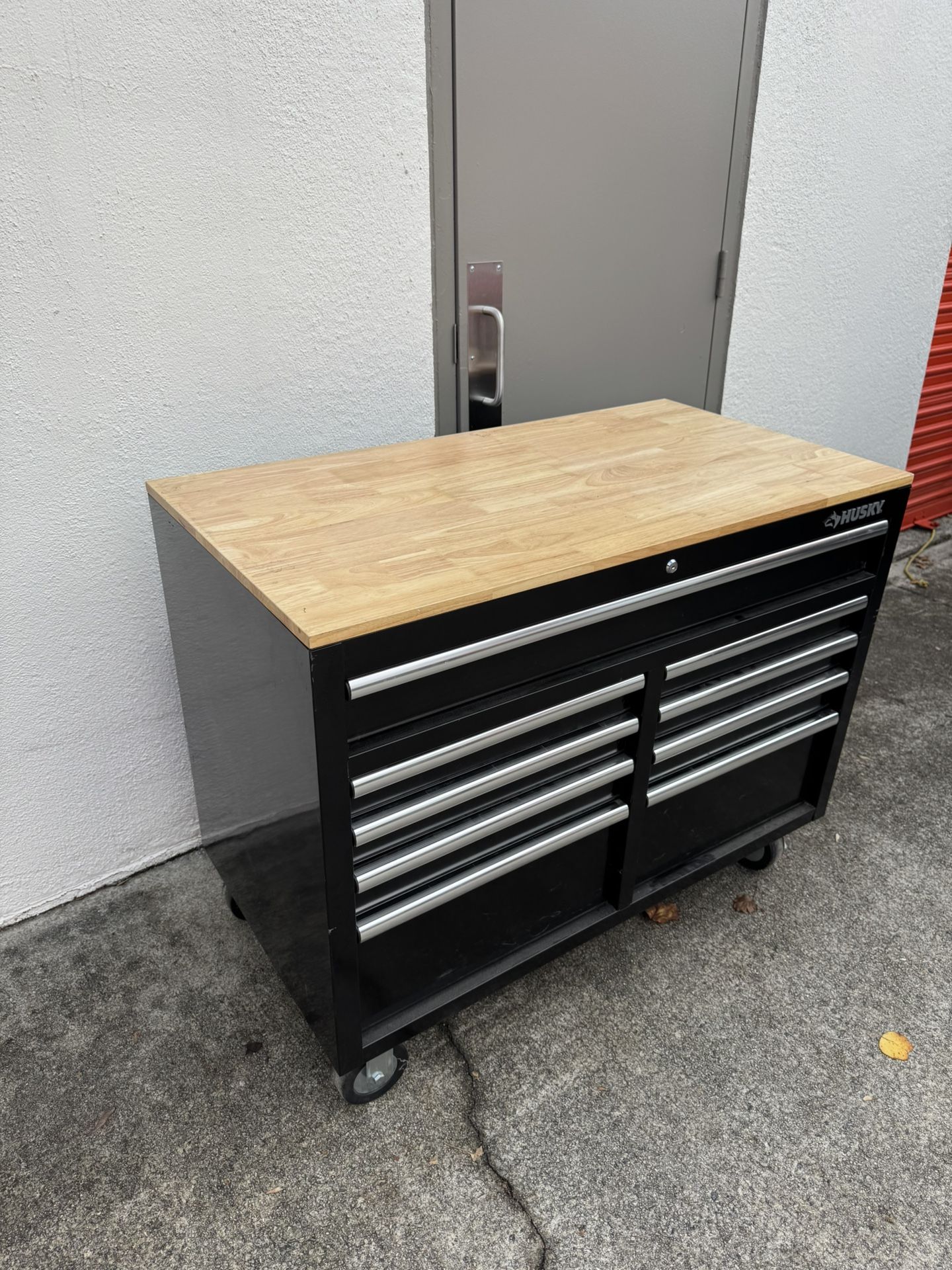 Husky 46 in. W x 24 in. D Standard Duty 9-Drawer Mobile Workbench Tool Chest with Solid Wood Top $400 CASH