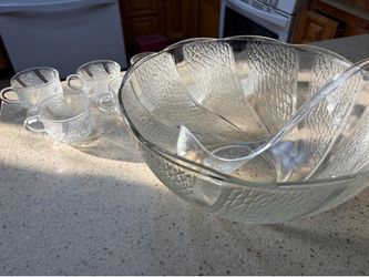 Vintage KIG Malaysia Pressed Glass Leaf Punch Bowl Set - 10 Piece