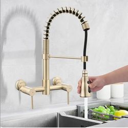 4637: Wall Mount Kitchen Faucet, 8 Inch Center Commercial Sink Faucet with Pull Down Sprayer, 2 Handle Wall Mount Faucet for Kitchen Sink, Brushed Gol