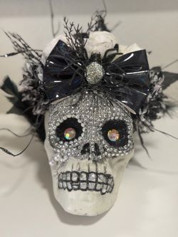 Decorative Sugar Skull with Rhinestones Stickers and Bow