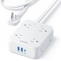 Anker Power Strip with 2000J Surge Protector, Flat Plug Extension Cord with Multiple Outlets, 8 AC, 2 USB A & 1 USB C Port